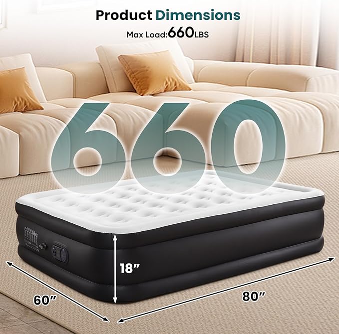 NEWBULIG 18 Inch Queen Air Mattress with Built-in High Capacity Pump - Inflatable Air Bed for Home, Camping & Guest, Double Height, Non-Slip Bottom, Portable Blow Up Mattress 660 lbs Weight Capacity