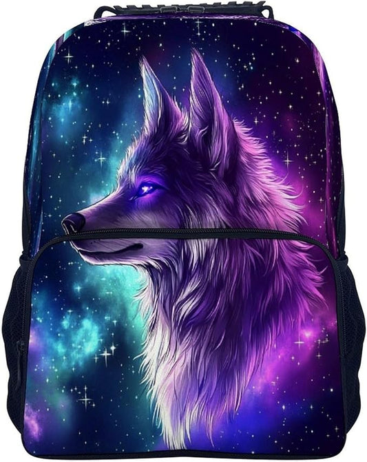 Rucksack Polyester Anti-Theft Multipurpose Purple Universe Space Galaxy Magic Wolf Art Carry On Bag Large Capacity Travel and Sport Backpack Rucksack With Smooth Zippers