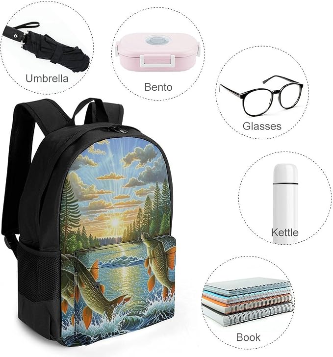 Supdreamc Backpack Polyester Anti-Theft Multipurpose Two Fish Jumping Out Of Water Art Bookbag Large Capacity Laptop Book Bag Rucksack With Side Pockets