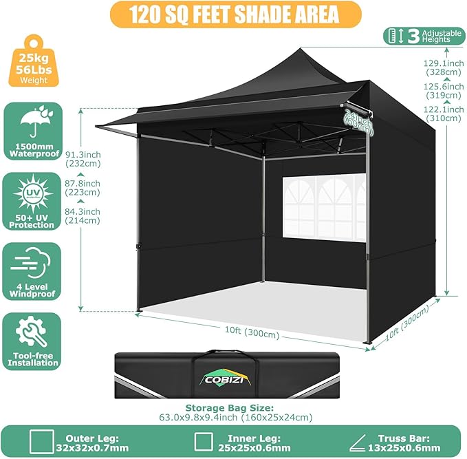 COBIZI 10x10 Pop Up Canopy Tent with Awning,Heavy Duty Canopy UPF 50+ All Season Wind Waterproof Commercial Outdoor Street Vendors Party Tents for Parties Canopy with Carry Bag(10 x 10 ft Black)