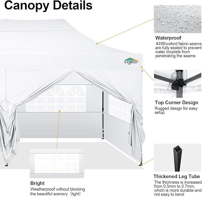 COBIZI 10x20 Pop up Canopy Tent with 6 Sidewalls, Waterproof Heavy Duty Commercial Canopy for Parties, Outdoor Tent, Garden Gazebo, Carry Bag with Wheel (10x20ft, White)