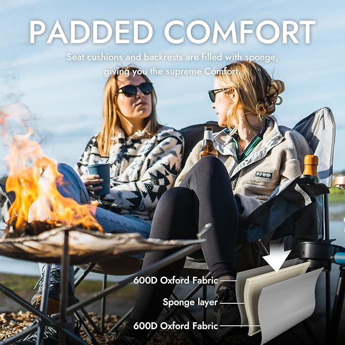 Dowinx Double Camping Chair Loveseat with Cup Holders & Wine Glass Holders, Oversized Folding Outdoor Lawn Chair 660lbs, Portable Padded Seat with Storage Bag for Adults, Beach, Patio, Picnic - Blue