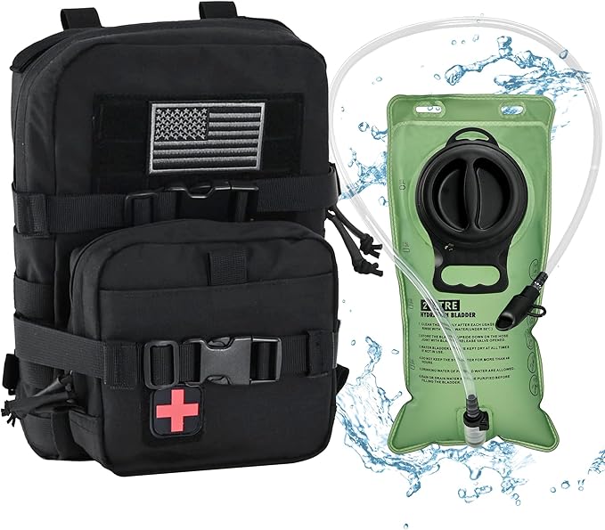 Tactical Mini Molle Hydration Pack,Molle Hydration Carrier with IFAK Pouch&US Flag&Med Patch,Hydropack for 2L Water Bladder