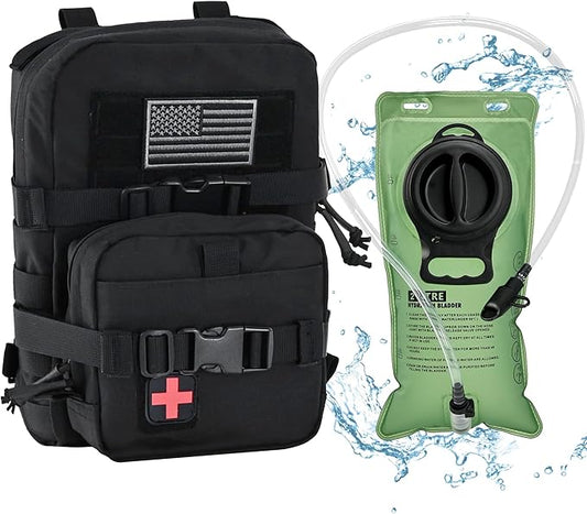 Tactical Mini Molle Hydration Pack,Molle Hydration Carrier with IFAK Pouch&US Flag&Med Patch,Hydropack for 2L Water Bladder