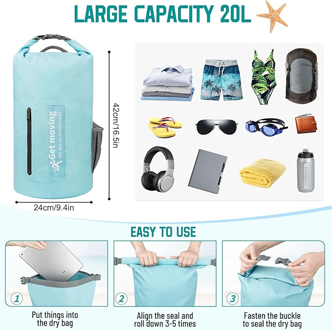 BKNOOU Dry Bag Waterproof for Women Men, 10L/20L Roll Top Lightweight Dry Storage Bag Backpack for Travel, Kayaking, Boating, Rafting, Camping, Hiking and Beach, with Phone Case (Light blue, 20L)