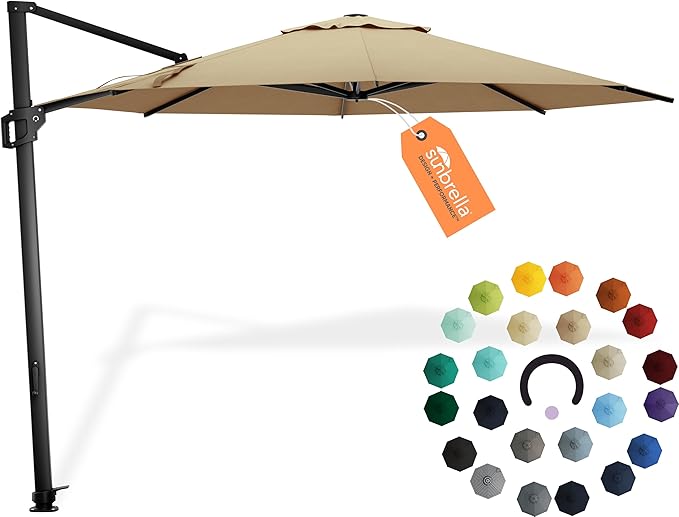 Midtown Umbrellas 10 Ft Outdoor Cantilever Patio Umbrella w/Sunbrella Heather Tan Fabric - 360° Rotate Offset Patio Umbrella, Deck Patio Umbrella, Backyard Umbrella & Garden Umbrella - Black Frame