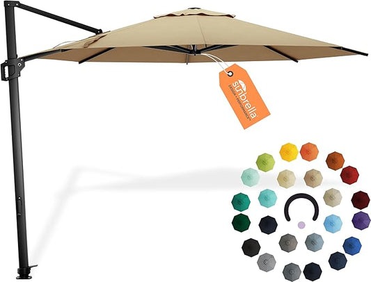 Midtown Umbrellas 10 Ft Outdoor Cantilever Patio Umbrella w/Sunbrella Heather Tan Fabric - 360° Rotate Offset Patio Umbrella, Deck Patio Umbrella, Backyard Umbrella & Garden Umbrella - Black Frame