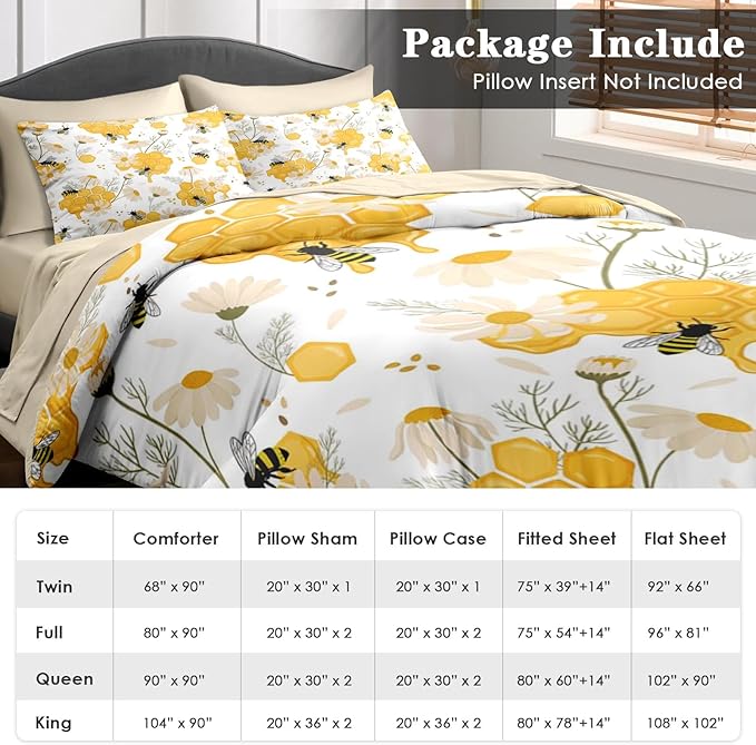 Comforter Set Twin Size, Bees Honey Flower 5 Pcs Bedding for Kids and Adults, Spring Floral Summer Bed Sheet Sets with Fitted Sheet Pillowcase & Sham for Bedroom Bed Decor