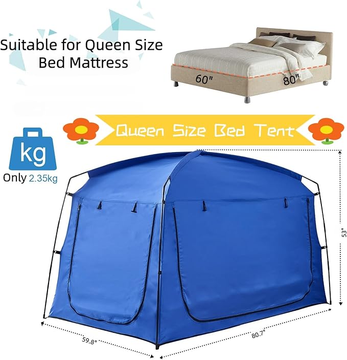 Privacy Sleep Indoor Bed Tent for Adults Kids, Portable Blackout 90% Canopy Tents with 3 Doors Breathable Mesh Windows