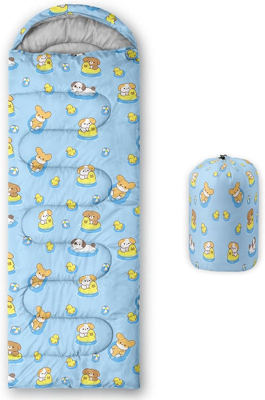 AILONEN Kawaii Puppy Sleeping Bag for Kids Boys Girls,Warm and Cool Weather,Lightweight,Waterproof Backpacking,Cartoon Cute Dog & Duck Animal Themed Blue Sleeping Bag for Camping