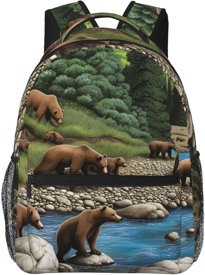 Adults Lightweight Bears Lovers Mountain River Pattern Rucksacks Large Capacity Bookbag With Adjustable Shoulder Straps for Trekking Outdoors Bicycle