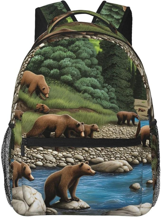 Adults Lightweight Bears Lovers Mountain River Pattern Rucksacks Large Capacity Bookbag With Adjustable Shoulder Straps for Trekking Outdoors Bicycle