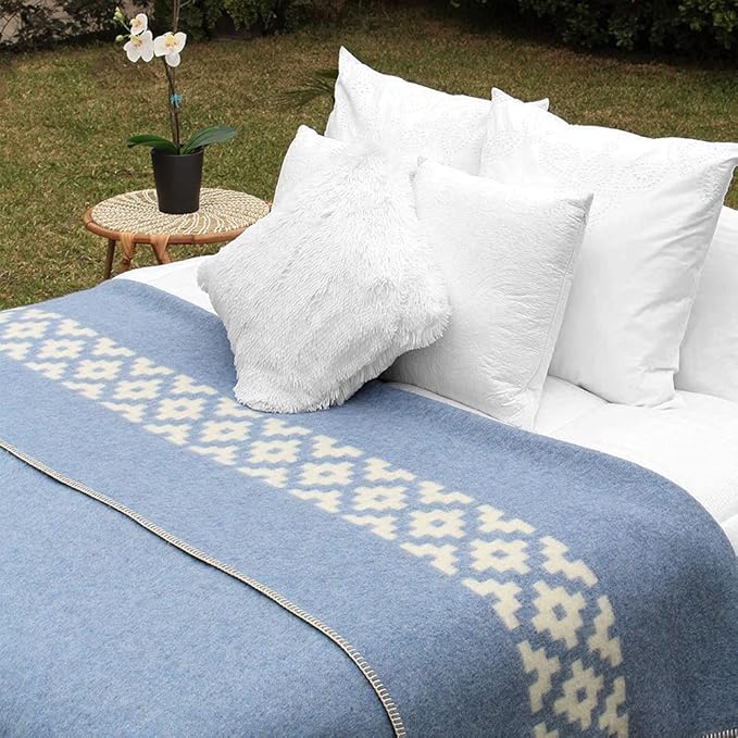 Thick Alpaca Wool Blanket Heavyweight Camping Outdoors Indoors Soft Peru Queen Size Stripes Design (Soft Blue - Ivory, Queen Size)