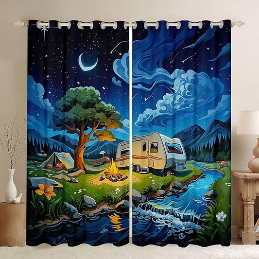 Manfei Happy Camping Blackout Curtains Camper Trailer Bonfire Tent Window Drapes,Adventure Theme Window Treatments,Kids Boys Girls Room Decor,Grommet Top 2 Panel Set Bedroom Curtains, 42Wx90L inch
