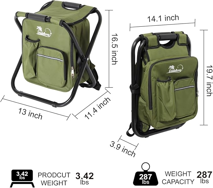 LEADALLWAY Backpack Fishing Chair with Cooler Bag Foldable Stool,Fishing Hunting Gifts for Men,Outdoor,Camping,Paints,BBQ,Beach,Picnic,Hiking,Concert,Green