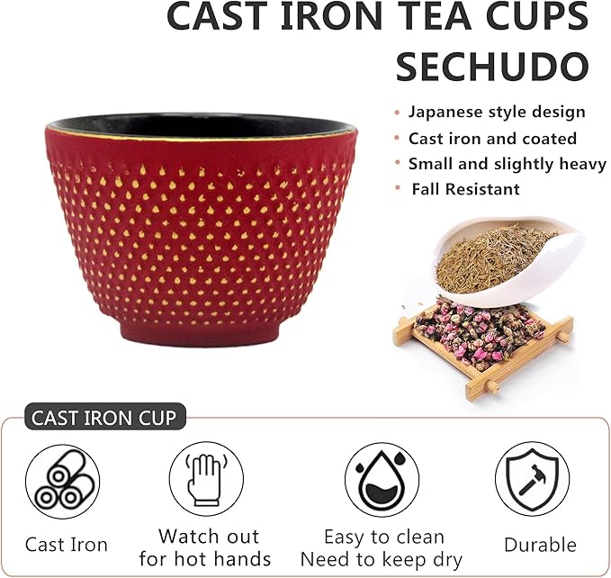 Japanese Cast Iron Tea Cups, Small and Heavy Teacups with no Handles, Japanese Style Cups for Adults, Asian Teacup, Coated with Enameled Interior, 4 Pcs/Box (Red, 3.38oz/100ml)