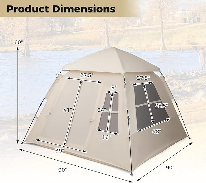 Tangkula 4 Person Camping Tent, Instant Pop-Up Cabin Tent with Removable Rainfly, Mesh Windows & Dual Doors, Carrying Bag, Portable Outdoor Family Shelter for Picnic, Backpacking, Traveling