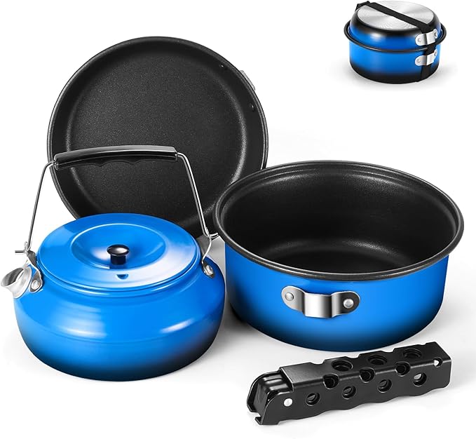 Odoland 5pcs Camping Cookware Non-Stick Camping Pot and Pan Set with Kettle and Removable Handle for Hiking Backpacking and Picnic