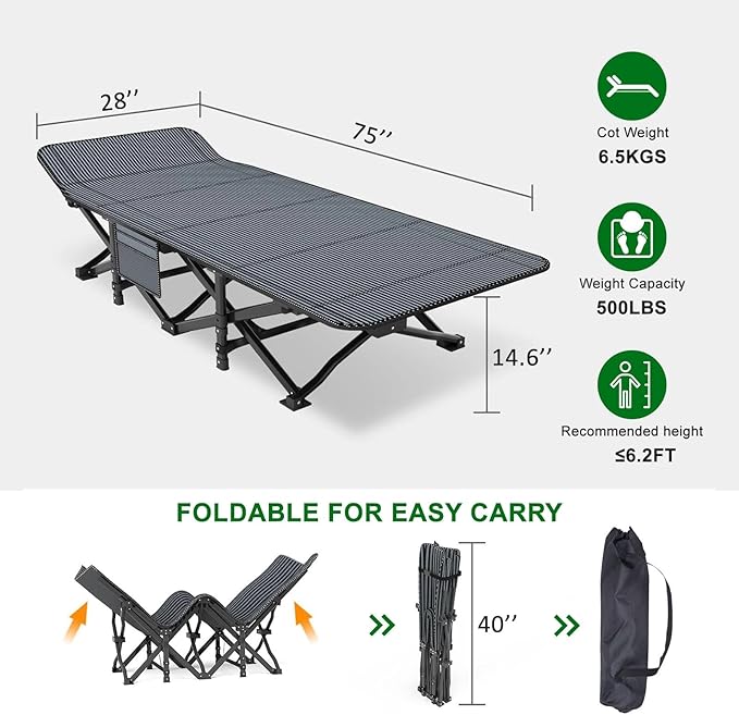 Camping Cot, Extra Wide with Thick Mattress, Folding Oversized XL 75" L x 28" W x 15" H Heavy Duty Sleeping Bed for Adult