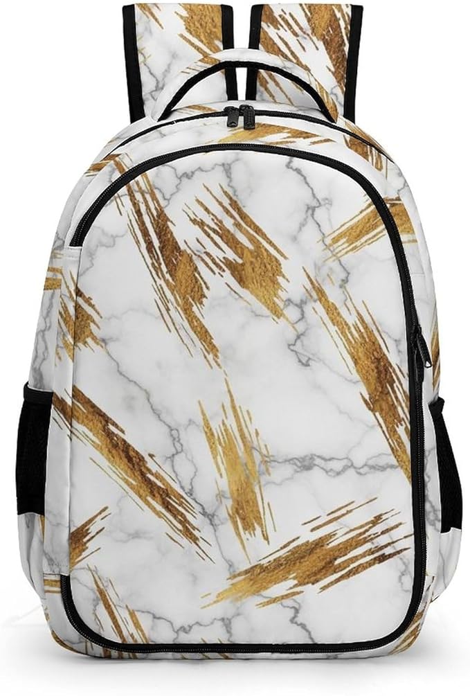 Water Resistant College Bookbag Gold Marble Texture White, Sturdy Laptop Backpack with Water Bottle Pockets for Men Women Travel Work