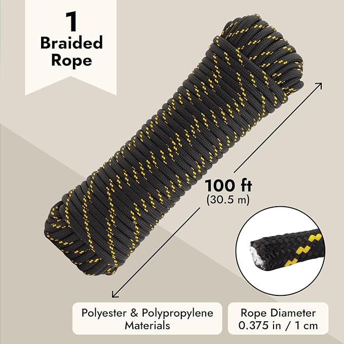 Diamond Braided Rope - 3/8 in x 100 ft, Black & Yellow Polyester - Low Stretch & High Shock Absorbency for Boat Rope, Trailer Tie Down, Emergency Shelter & Outdoor Gear