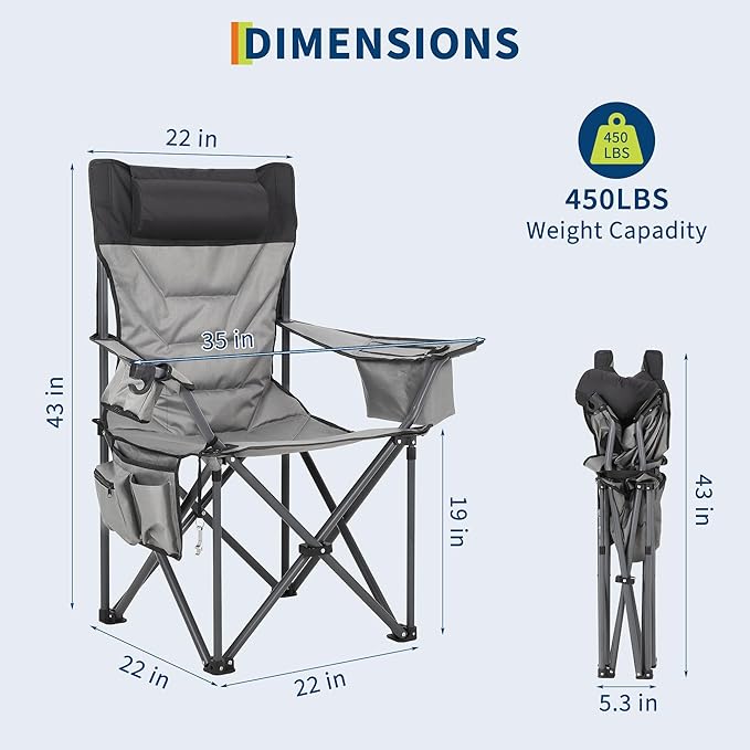 GAOMON Oversized Padded Camp Chair，Heavy Duty Camping Chair 500Lbs Capacity with High Back Support & Headrest, Folding Portable Camping Chair for Beach, Fishing, Backyard,2 Pack