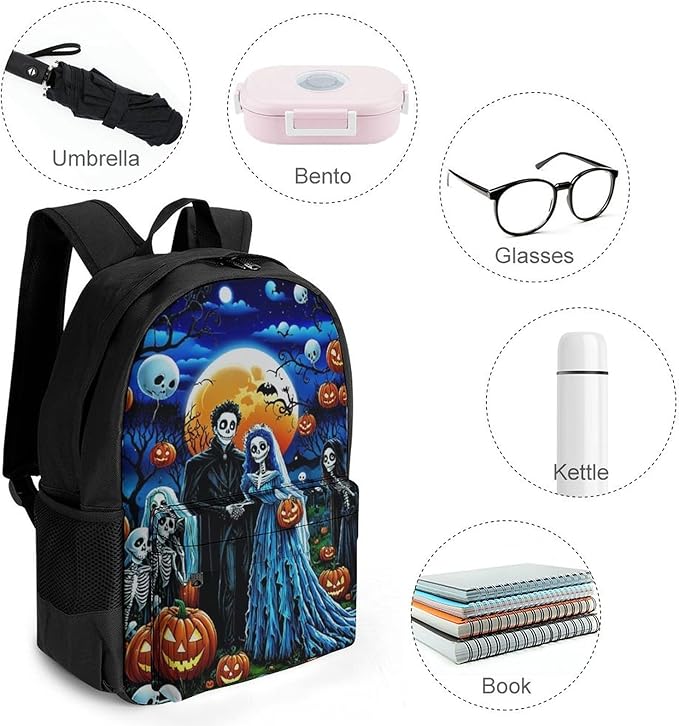 Supdreamc Rucksacks Lightweight Multipurpose Anti-Theft Sugar Skull Party Day Of The Dead Ghost Bride And Groom Art Shoulder Bag Big Capacity Laptop Book Bag Rucksack With Padded Straps