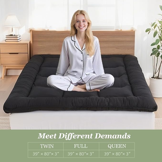 Japanese Floor Mattress Foldable & Portable Roll Up Futon Mattress 3" Black Tatami Mat for Adult and Kids，Shredded Memory Foam Filled with Straps Sleeping Pad Suitable for Camping，60"x 80" Queen Size