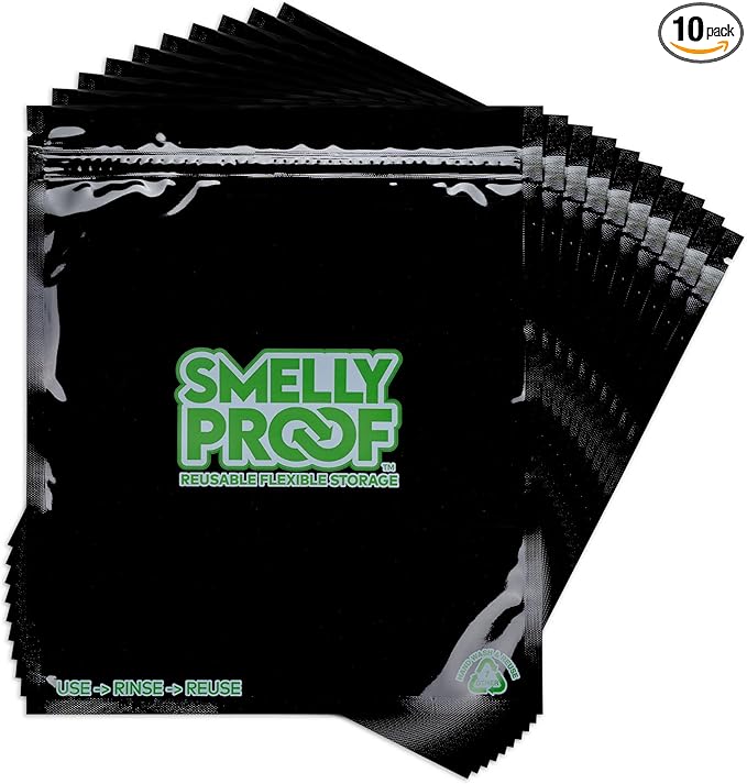 Smelly Proof Reusable Food Storage Bags, Black Quart 8.5” x 10” 4-Mil Thick, Reusable Freezer Bags, Washable Reusable Storage Bags, BPA-Free, No PEVA, Non-Silicone US-Made, 10-Pack