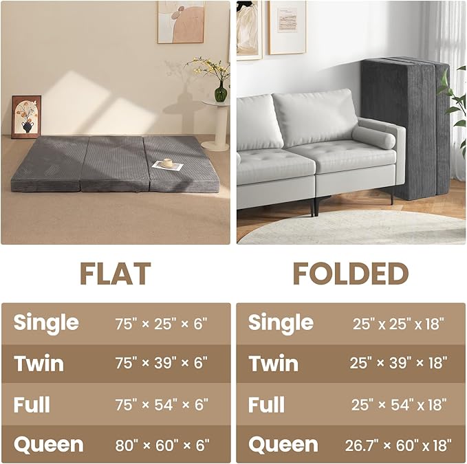 6-Inch Tri-Fold Mattress Twin Size - Foldable Futon Sofa Bed with Removable Washable Cover, Folding Memory Foam Futon Mattress | Non-Slip Bottom & Carry Handles for Guest, Camping, Dorm