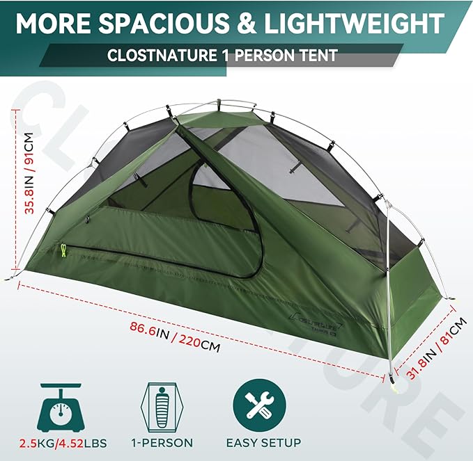 Clostnature 1/2 Person Backpacking Tent - Lightweight Two Person Tent for Backpacking, Easy Set Up Waterproof Camping Tent for Adults, Kids, Scouts, Large Size Outdoor, Hiking, Mountaineering Gear