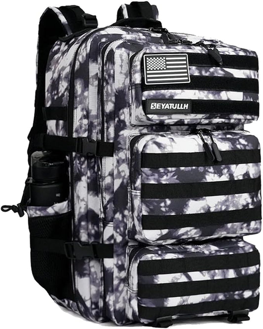 Military Tactical Backpack 55L for Men & Women Bug Out Bag Assault pack Molle Daypack Hiking Trekking Rucksack (Black and white tie dye)