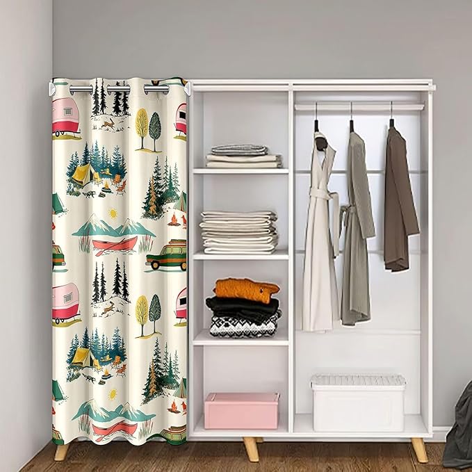 Pink RV Camper Door Curtain For Doorway Privacy Cute Tree Tent Mountain Forest Animal Blackout Curtain Funning Outdoor Boating Camping Door Drape Vintage Cabin Room Decor Window Treatment 34"W x 80"L