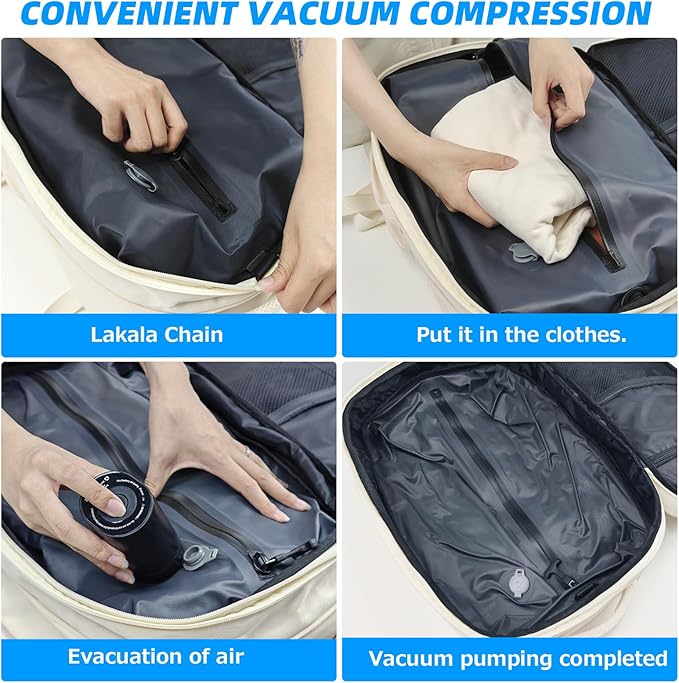 Air Vacuum Compression Travel Backpack: Expandable Beige Carry On Bag Vacuum with Pump Fits 17.3 inch Laptop for Women & Men - Suitable for Business, Camping and Work Water-resistant