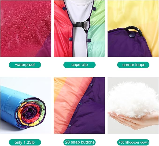 APSMILE Outdoor Down Blanket | Extra Warm & Puffy Camping Blanket | Water-Resistant, Lightweight, Packable Sleeping Quilt for Camp, Travel, Hiking, Picnic, Backpack (Rainbow HD Printed, 52"x75")