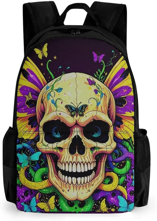 Men Women Lightweight Skull And Butterflies Backpack Large Capacity Carry On Bag With Padded Straps for Sports Work Walking Cycling