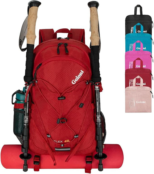 Goloni 45L Hiking Backpack Lightweight Foldable, Waterproof Camping Backpack with Rain Cover & Hiking Pole Mat Carrying System, Ergonomic Water Resistant Daypack for Trekking Travel Men Women Red