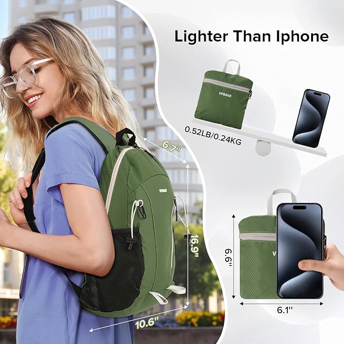 15L Water-resistant Hiking Daypack, Small Backpack Travel Outdoor, Lightweight Packable Day Pack Carry On for Women Men Adults