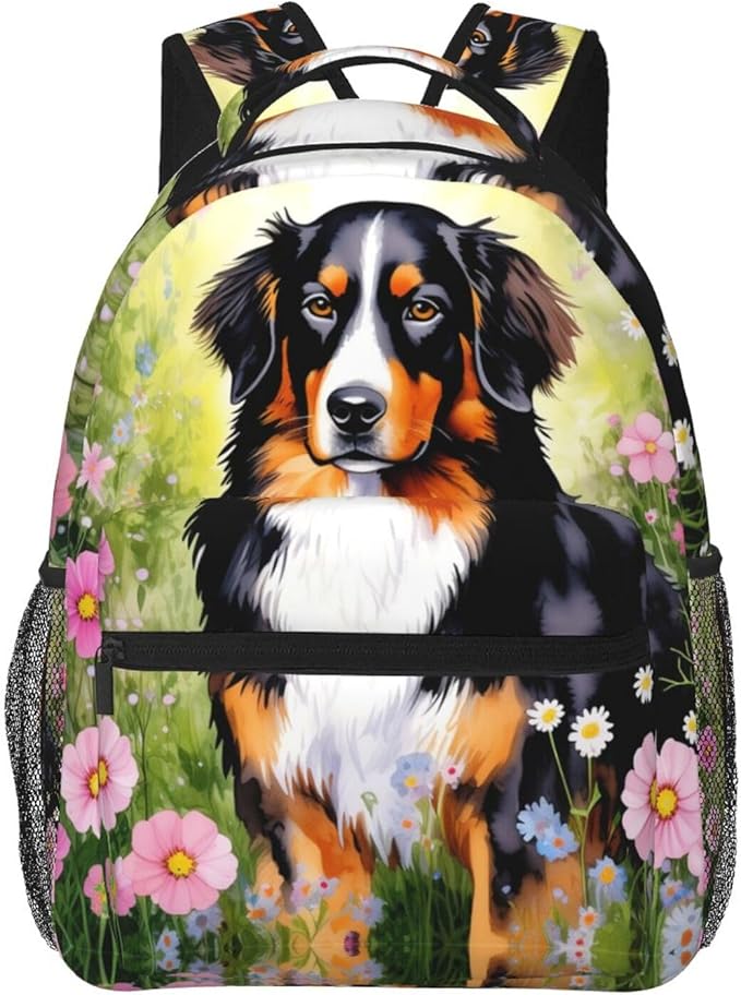 Rucksacks Multipurpose Anti-Theft Big Capacity Bookbag, Shetland Sheepdog Dog Watercolor Pink Flower Art Travel Hiking Camping Rucksack With Padded Straps