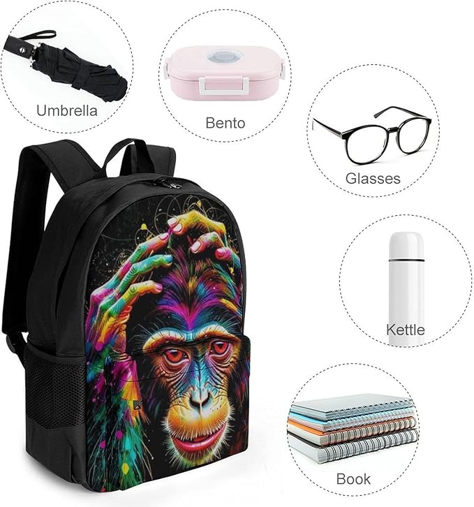 Polyester Daypack Backpack for Climbing Outdoors Running, Big Capacity Multipurpose Anti-Theft Bookbag, Clever Animals Monkey Art Travel Hiking Camping Rucksack