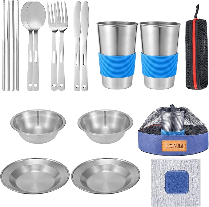 Outdoor Camping Mess Kit - 1 to 2 persons Camping Dishes Includes Cups, Bowls, Dishes, Knives, Forks, Spoons, Etc, Camping Dinnerware Set with Mesh Bag is Easy to Carry Camping Tableware Set