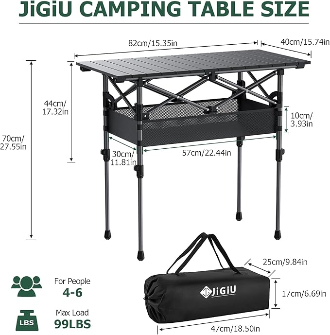 Folding Camping Table Portable Pinic Table 2 Level Height Adjustable Roll-up Tables Aluminum Foldable Camp Table with Storage Bag 4-6 Person Large Tables for Outdoor Indoor Hiking Camp BBQ Beach