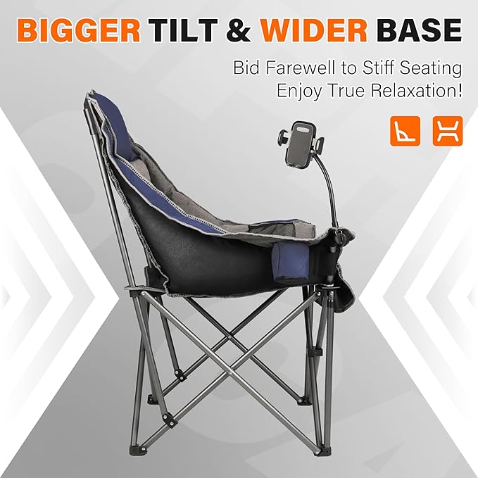 Camping Chairs for Adults-Oversized Extra Large Lawn Chair,Folding Comfy Padded Chair w/Phone Holder,Side Pocket,Cup Holder for Outdoor,Wide&Thick,Heavy Duty 400Lbs,Blue