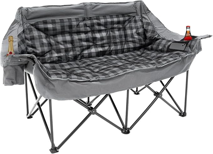 QUYUAN Double Camping Chair for Adult, Heavy Duty Folding Chair for 800lbs, Comfortable Lawn Chairs with Fully Padded, Camp Chairs for Outdoor Sports, Fishing, Concerts, Beach, Gray Camping Loveseat