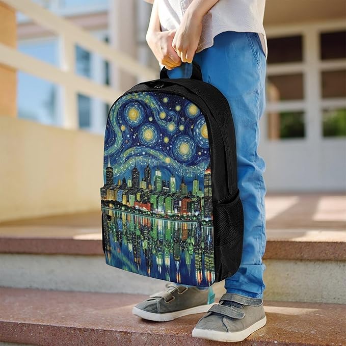 Supdreamc Women Men Polyester Chicago City Skyline Night View Starry Sky Painting Casual Daypack Large Capacity Bookbag With Side Pockets for Sports Picnic Walking Cycling
