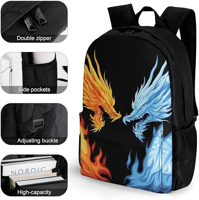 Polyester Daypack for Hiking Work Running, Big Capacity Anti-Theft Multipurpose Shoulder Bag, Red Blue Ice Fire Flame Dragon Travel and Sport Backpack Rucksack
