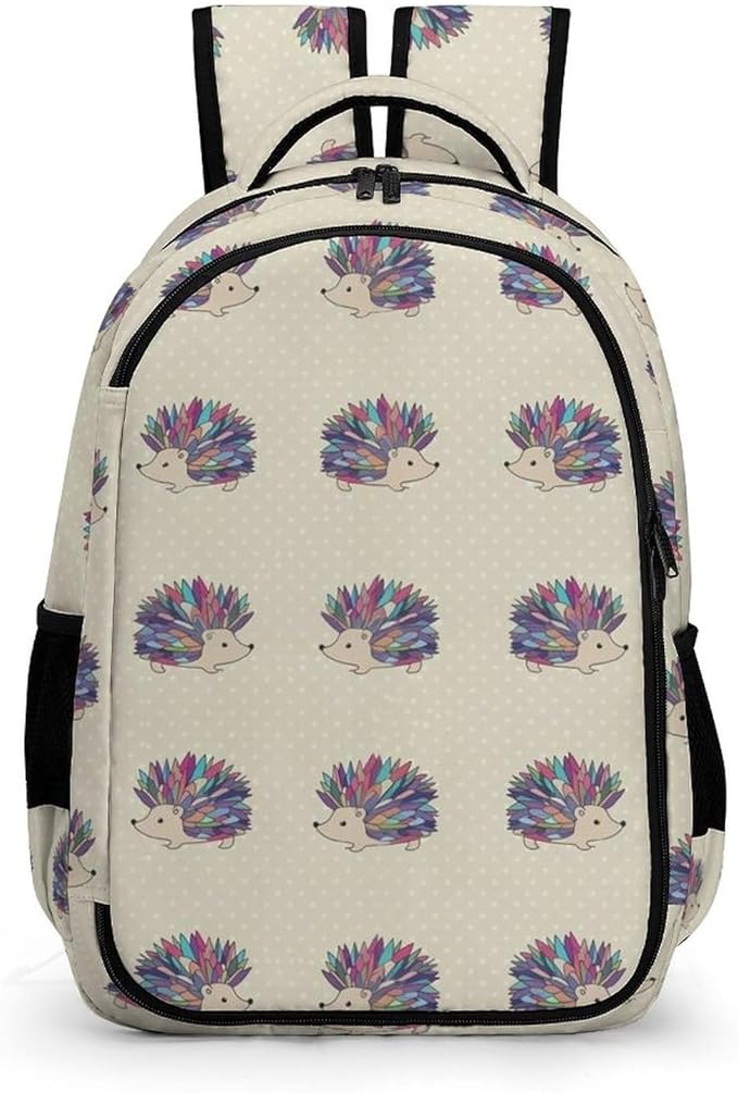 Cute College Laptop Backpack Hedgehog Polka Dot, Sturdy Travel Business Bag with Tumbler Holder Gifts for Nurse Teacher Women