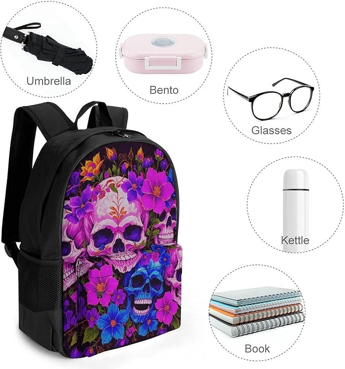 Lightweight Daypack Backpack for Trekking Work Running, Big Capacity Multipurpose Anti-Theft Bookbag, Purple Psychedelic Mexican Sugar Skulls Day Of The Dead Floral Flowers Business Computer Bag