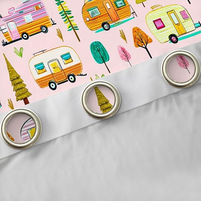 Feelyou Pink Camper Camping Curtains for Bedroom Living Room RV Travel Trailer Blackout Darkening Drapes Camping Theme Window Treatments, 2 Panels 42 x 84 Inch Room Decor