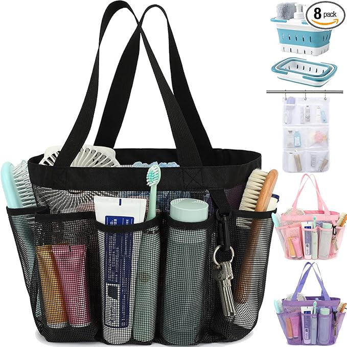 Mesh Shower Caddy Portable for College Dorm Room Essentials, 8-Pocket Large Shower Basket Tote Bag with 2 Handles for Toiletry, Bathroom, Beach, Camp, Gym